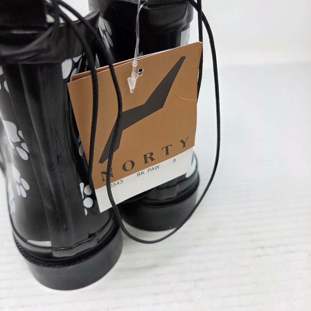 Norty Rain Boots Women 8 Black Paw Print Waterproof Chelsea Lug Sole 654 NWT - Picture 6 of 16